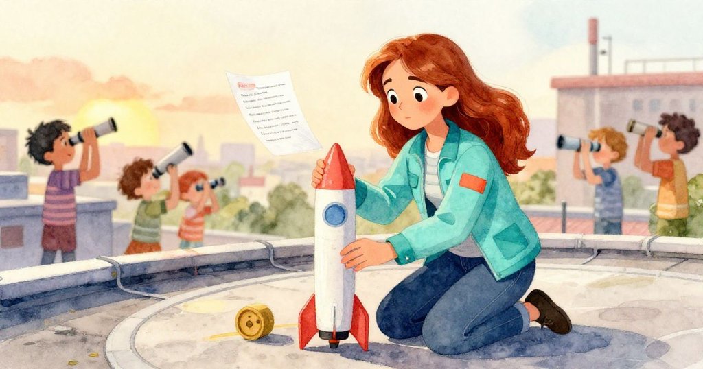 瑪麗娜在發射台旁跪下排列火箭筒，風吹動說明紙，背景中可見孩子與望遠鏡，氣氛活躍。