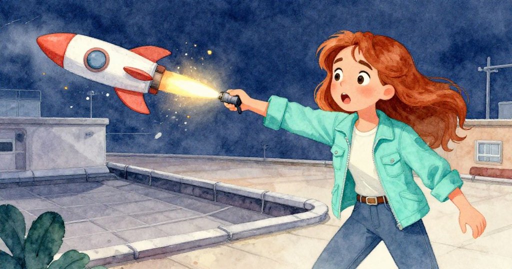 瑪麗娜按下點火器，驚訝表情瞬現，火箭偏轉飛跑，周圍物品紛飛散落，現場充滿突發緊張氣氛。