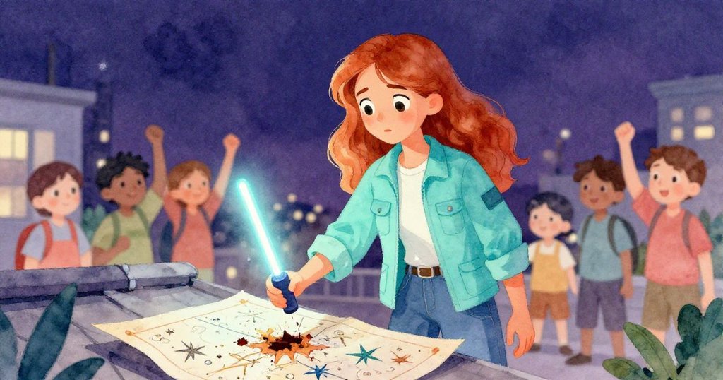 瑪麗娜急忙撿拾燒焦星圖和發光棒，遠方志工歡呼相伴，現場從緊張走向團體慶祝氣氛。