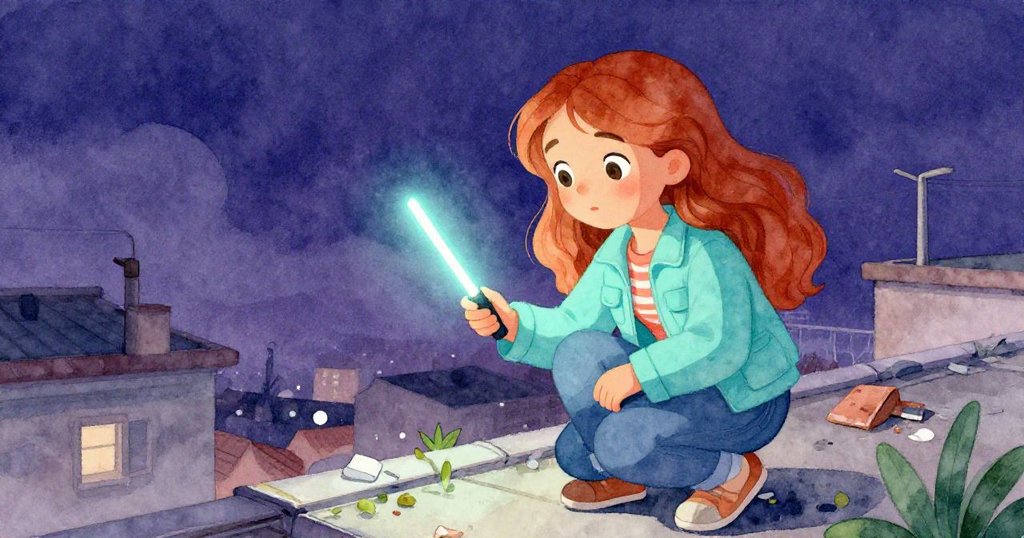 瑪麗娜蹲在散落遺物中，凝視腳邊閃亮霓虹棒，夜空下沉靜反思意外冒險。