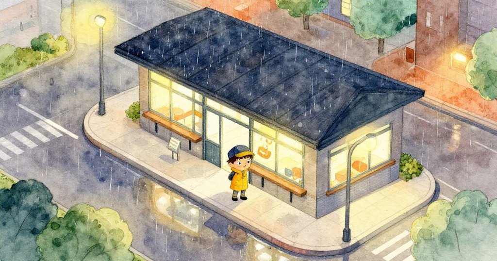 楓樹站夜晚雨滴敲打反光屋頂，Alex正進入車站，遠景呈現都市神秘氛圍。