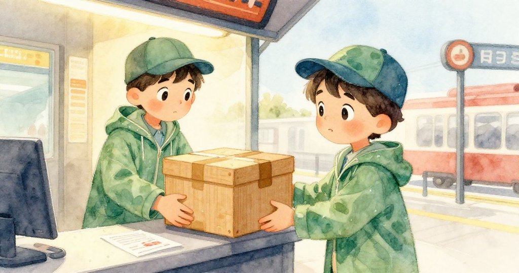 室內車站內，Alex急取刻有濕印的信件與神秘木盒，動作急促，燈光溫暖映襯外面雨夜。