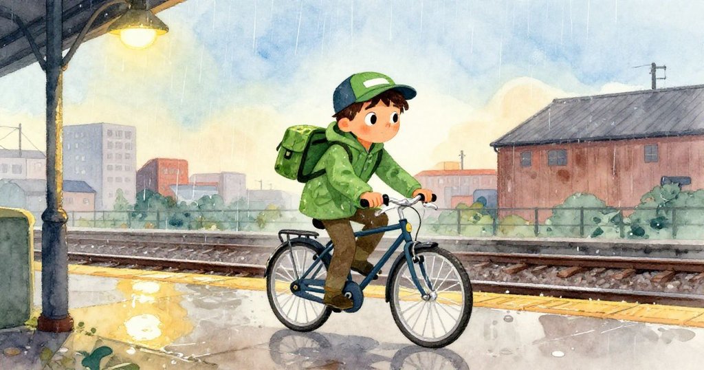 平台上燈光微弱，Alex急準備登上自行車，雨中反射出都市軌道與倉庫的神秘輪廓。