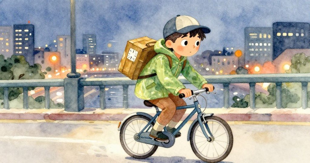 月光橋上，Alex騎行時感受背包中神秘滴答聲，風吹拂臉龐，都市燈光朦朧交織出冒險氣息。