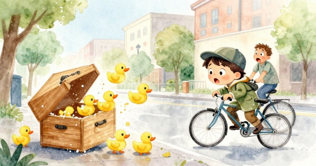 雨夜中，Alex因背包破裂木盒掉落，黃色橡膠鴨彈出散落人行道，行人驚訝，街燈強烈光影突出瞬間動感。