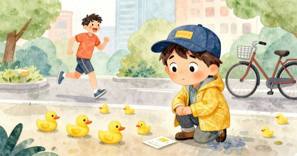 雨中Alex蹲於滿地橡膠鴨與濕卡片旁，笑意與釋然交織，旁邊慢跑者輕鬆收鴨，場景暖意融融。