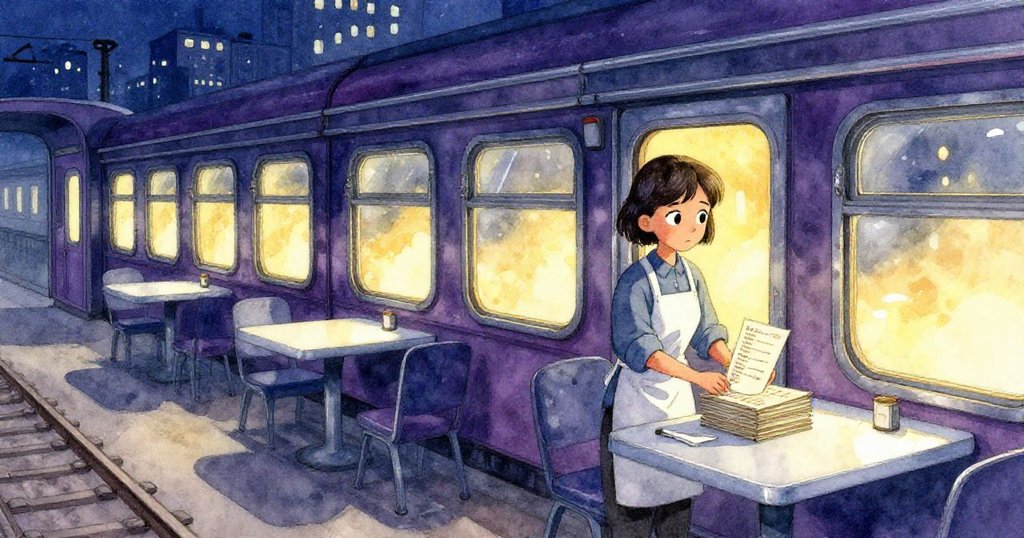 米拉在昏暗火車車廂中整理各式菜單，背景呈現夜色與微金燈光，她專注且充滿期待，環境充滿溫暖感。