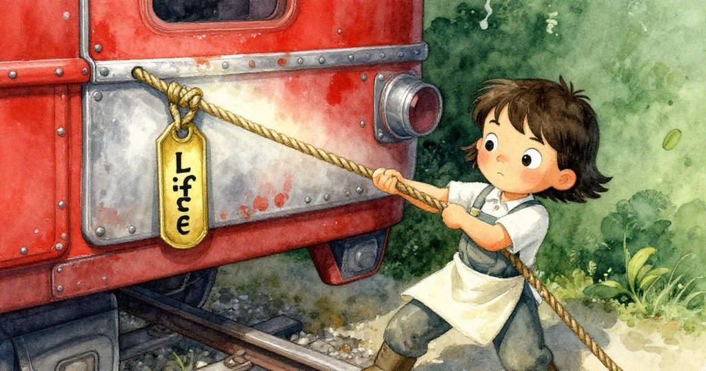 米拉好奇地拉著掛著‘lifeline’銅牌標籤的粗糙繩子，車廂後角散發微光，透露出神秘且期待的情緒。