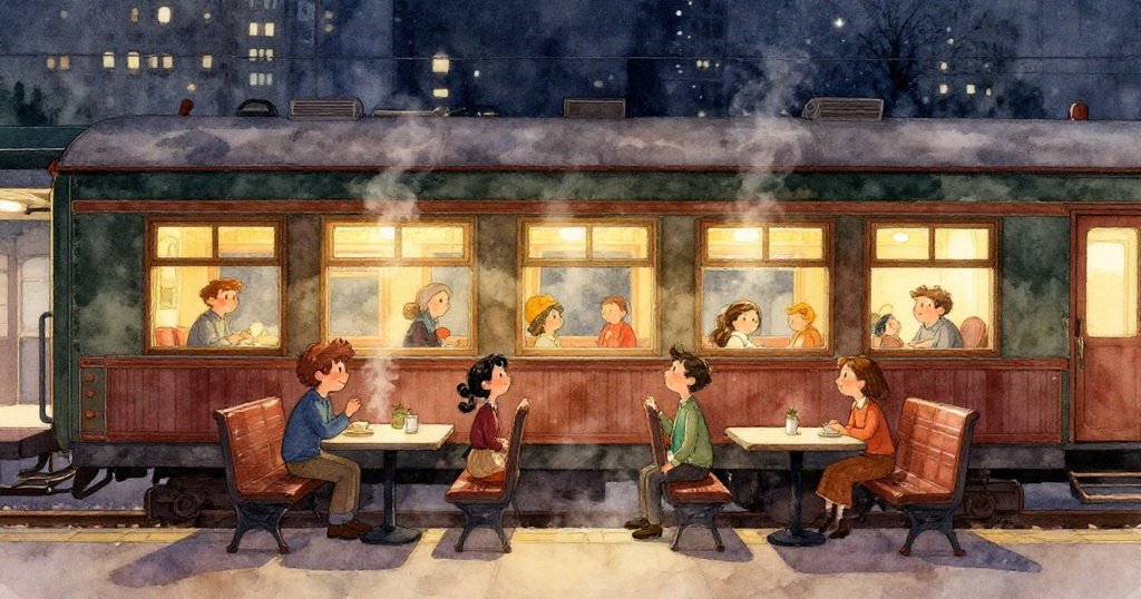 小老鼠從低矮角落窺視火車車廂內熱鬧情景，背景中米拉忙碌整理菜單，溫暖夜色包圍著一切。