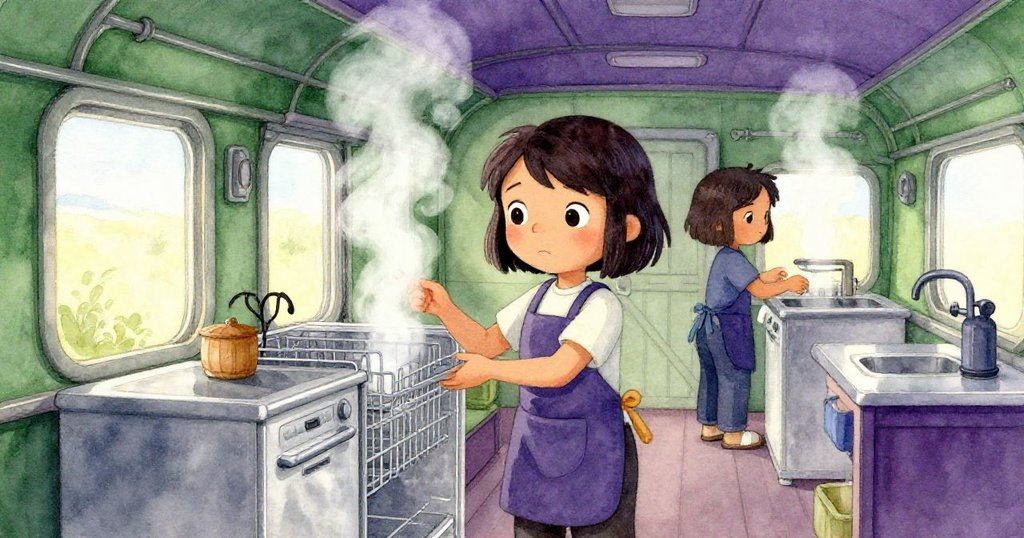 廚房區內，洗碗工們在蒸氣與微光中輕鬆交談，米拉專注於工作，整個場景充滿溫暖夜色與輕快氣氛。