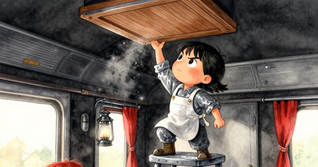 米拉站在搖晃的凳子上努力推開木板，露出隱秘儲藏室和一盞獨特燈籠，她神情專注且堅定。