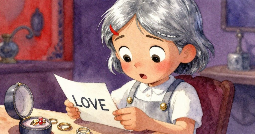 米拉驚喜發現古董戒指和刻有‘LOVE’的紙心，溫柔燈光映出她滿足與神秘情懷，揭開了愛的秘密。