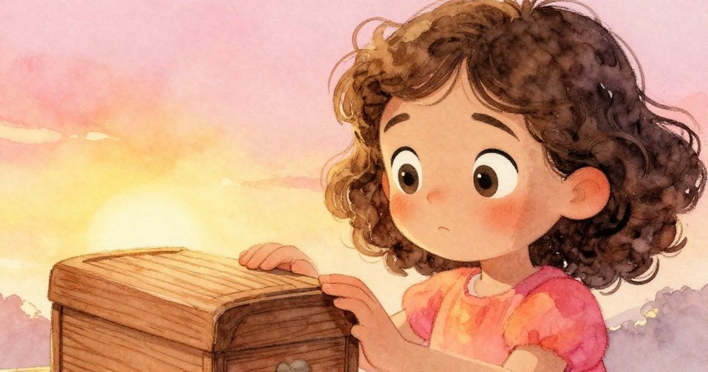 瑪拉專注注視著古樸木箱邊緣，輕觸細膩雕紋，臉上流露探索神情。