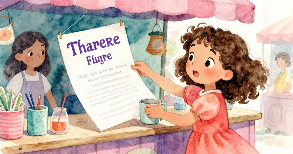 瑪拉靈巧用杯子壓住從雨中飄落的傳單，傳單上有紫色字體標題，攤位上物品閃耀生動。