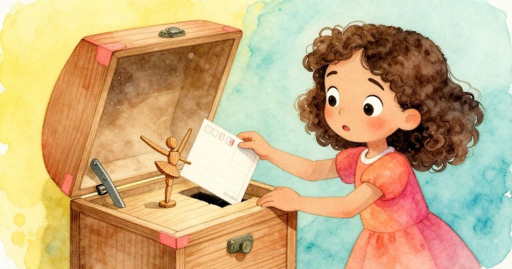 瑪拉決心插入明信片啟動箱子機關，巧力扶穩傾倒木偶，動作果斷充滿魔幻感。