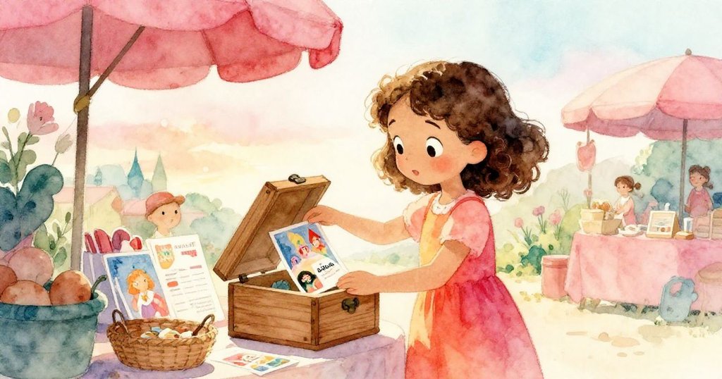 瑪拉在陽光穿透雲層中輕輕關上箱蓋，整理明信片與傳單，市集攤位恢復寧靜溫馨。