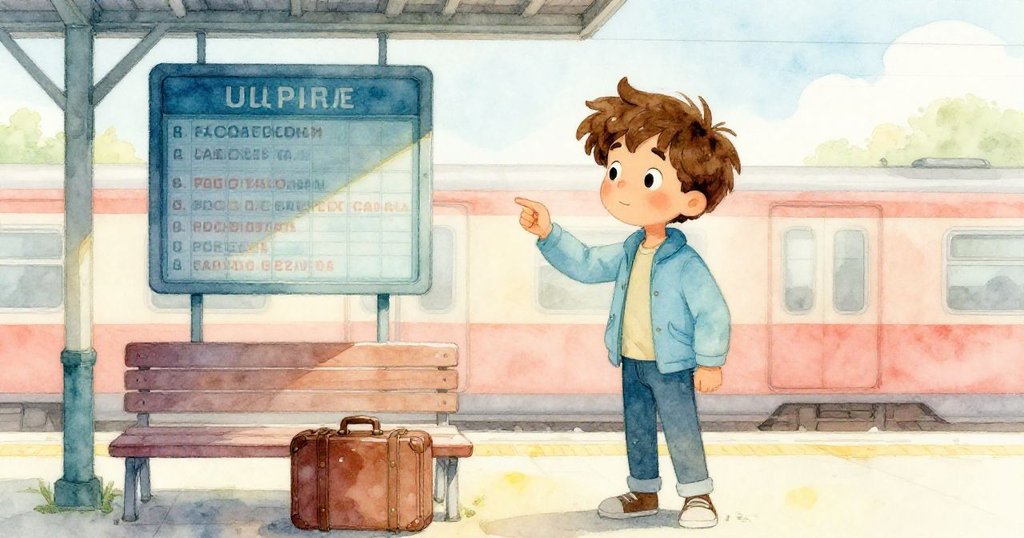 在寧靜的車站,Luca專注查看出發板,雨後的神秘行李在14號長椅旁閃閃發亮,表情充滿好奇與期待。