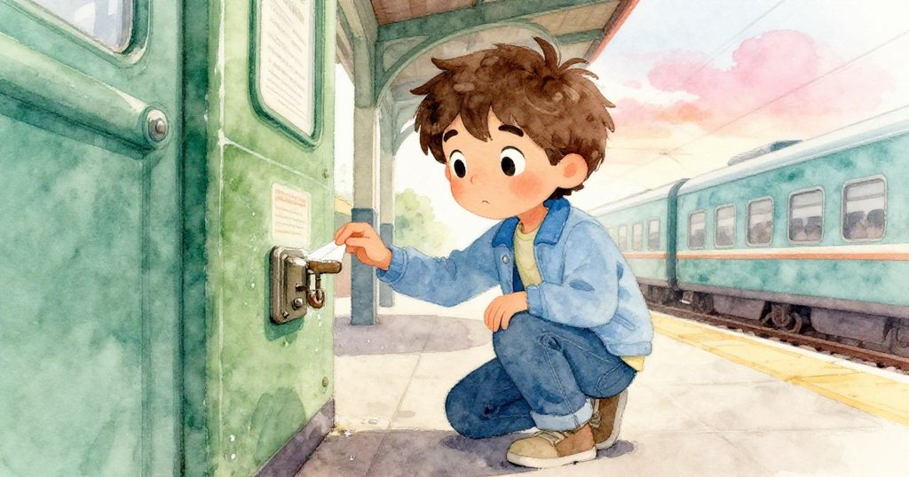 Luca蹲下仔細拭去行李鎖上的水滴,他的專注表情與背後隱約可見的公告,為場景增加層次感。