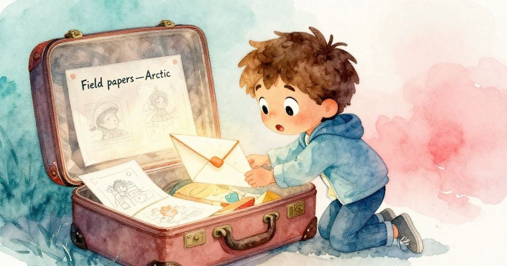 Luca好奇地俯身探看打開的行李,裡面擺著帶有北極筆記與稀有鳥類手繪圖的筆記本,以及寫著『聆聽者』的小信封,他的眼神充滿驚奇。