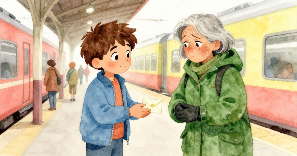 Luca微笑著將信封遞給穿著深綠外套的女子,她接過信封表情既堅定又感激,兩人默契互動中展現溫暖氛圍。