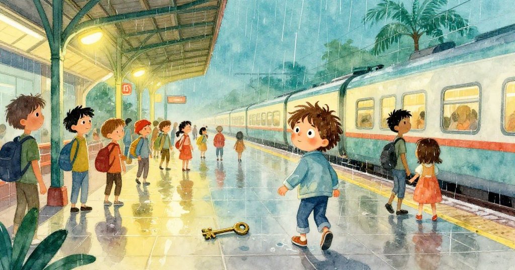 在雨中車站,Luca沉思後退,遠處人潮向車廂流動,一把小黃銅鑰匙靜靜躺在瓷磚上,象徵神秘故事延續。