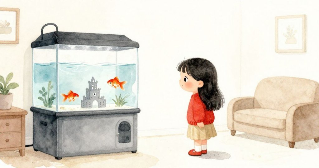 米娜站在溫馨客廳中，注視著充滿漩渦水流與金魚的水族箱，神情專注且充滿好奇