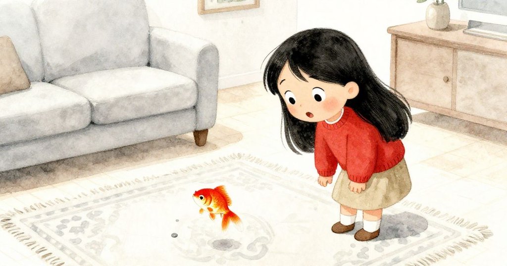 從高角度俯視，米娜驚訝地望著跳上地毯的金魚，手中書本因驚嚇而掉落，神情急切