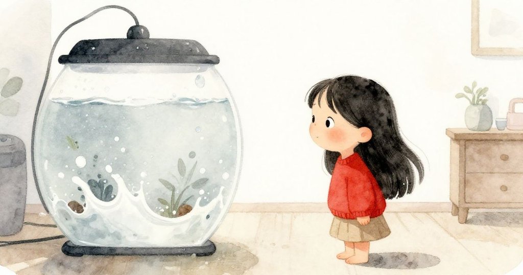 水花過後室內逐漸歸於寧靜，溫暖柔光與輕柔陰影環繞著水族箱，米娜靜立感受平和轉變