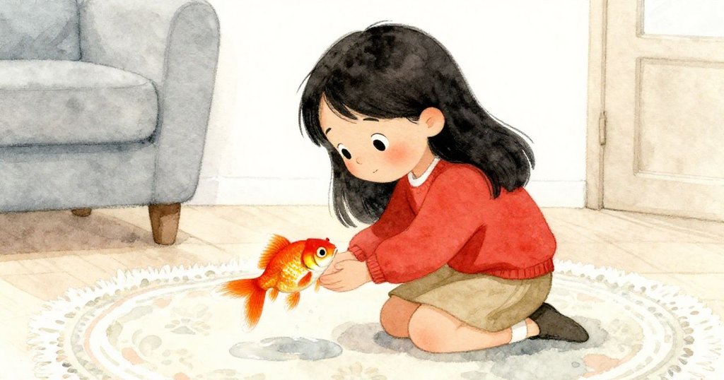 米娜蹲下溫柔托起濕漉閃亮的金魚，表情充滿關懷，地毯與室內暖光共同映出溫馨畫面
