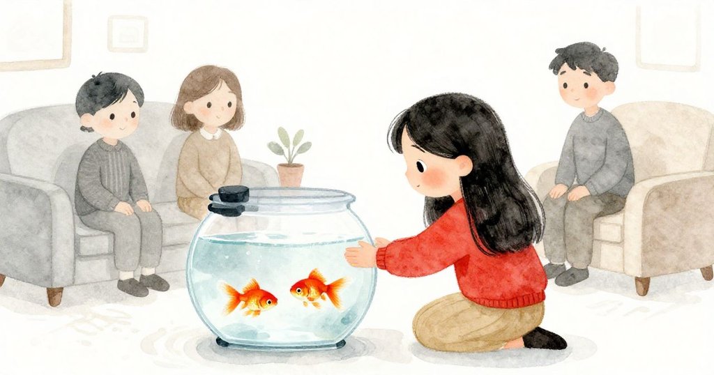 米娜滿懷溫情將金魚輕送回水族箱，金魚快樂游入家園，室內重現平靜與溫暖和諧