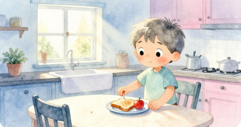 Tim 在溫暖廚房中設定早餐桌，窗外初升朝陽灑下柔光，臉上帶著期待與專注的微笑，開啟新的一天。