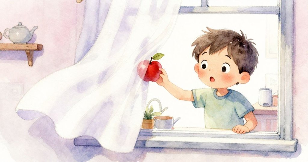 窗簾隨微風輕動，紅蘋果被輕輕推動捲落，窗中映出Tim驚訝神情，呈現魔幻般的瞬間。