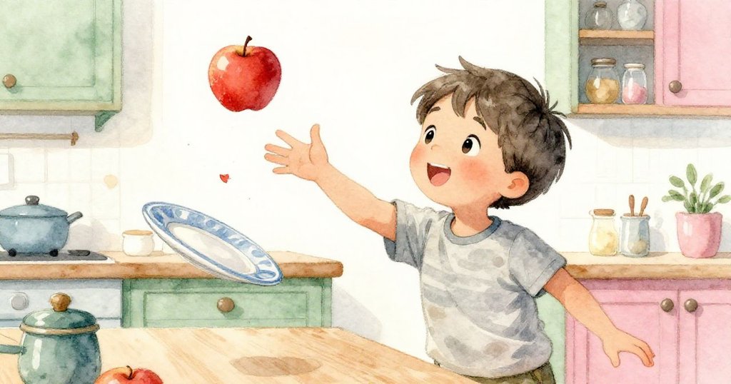 Tim 迅速伸手抓向滾動蘋果，藍盤微移掉下一顆吐司屑，場景動感十足充滿驚奇與活力。