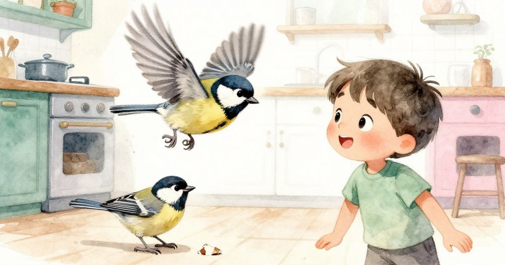 靈巧麻雀從開窗飛入廚房，急速撲向地上吐司屑，Tim注目滿懷驚喜與好奇，追逐場面生動。