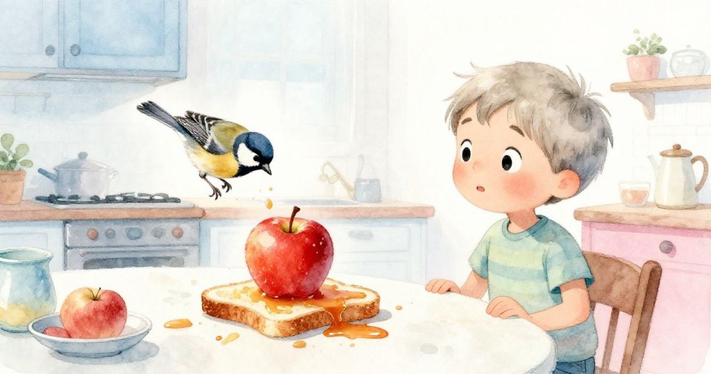 Tim 驚異注視麻雀取蘋果失敗，果汁濺落於吐司與藍盤上，廚房恢復寧靜，寓意驚喜後的平和與溫馨。