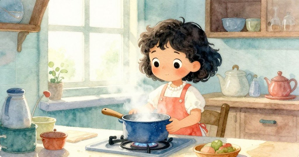 米婭在溫暖廚房中，注視著冒著蒸氣的藍色碗，廚房內溢滿柔和晨光與靜謐氣氛