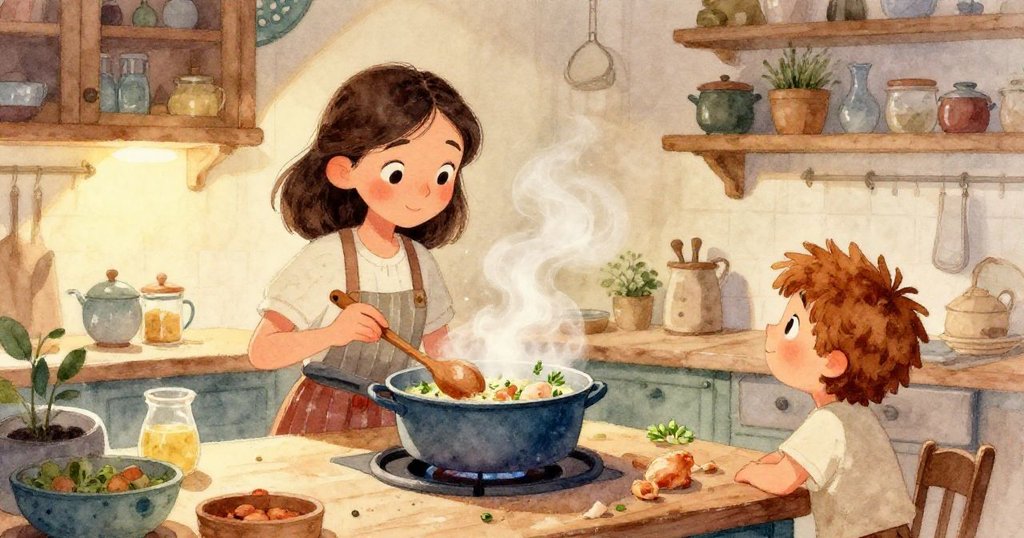 米婭的雙手正用木勺攪拌湯料，近距離呈現藍碗中豐富食材及精細質感，充滿期待情緒