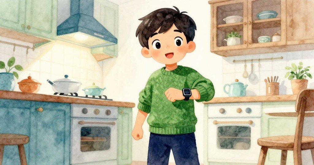 里奧以低角度展現自信姿態，正展示新智能手錶，廚房背景溫馨，臉上流露興奮情緒