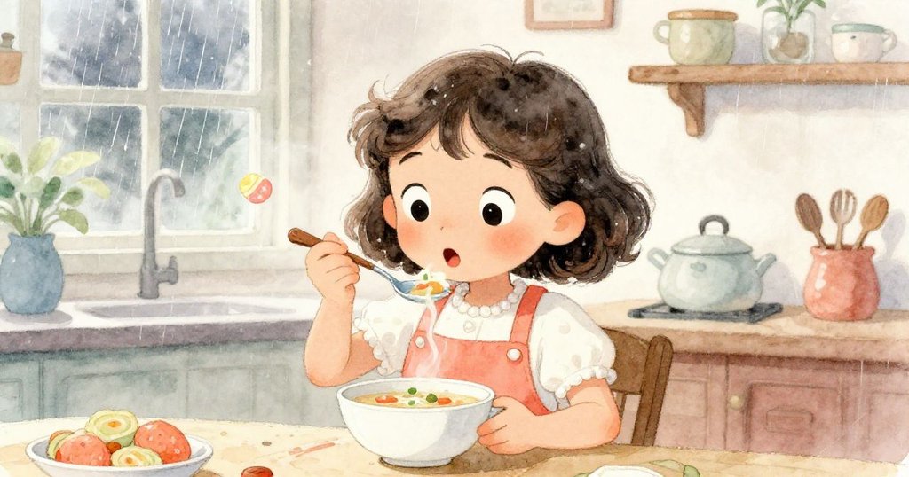 米婭嘗湯時眼睛驚訝張大，湯中味道意外轉變，窗外細雨敲打玻璃，廚房溫暖而生動