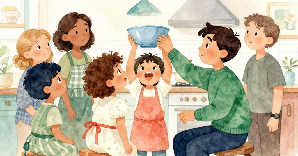 全家在廚房共聚慶祝，里奧舉起湯碗，眾人臉上洋溢著驚喜與快樂，氛圍溫馨熱鬧