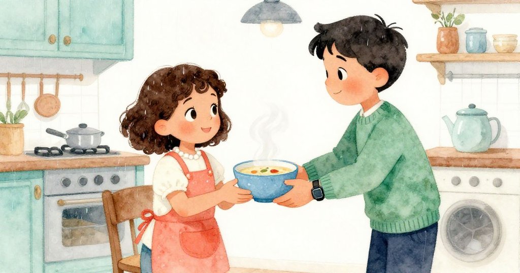 里奧將冒蒸氣的湯碗溫柔遞給米婭，兩人表情充滿驚喜與溫情，室內溫暖，窗外雨意漸消