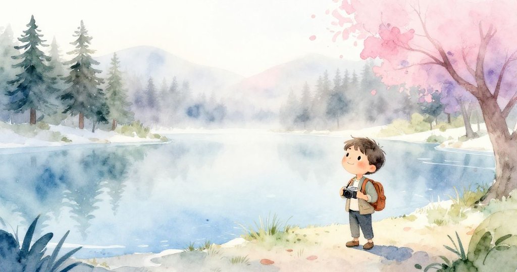 Leo在薄霧綠湖邊整理行囊準備出發，面帶期待笑容，晨光與自然風景營造出靜謐溫暖氛圍。