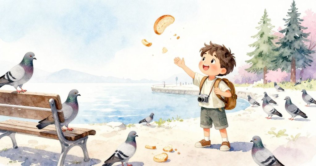 Leo在碼頭拋出麵包碎，一隻灰鴿子先行注視，其他鴿子紛紛飛向麵包，現場生動有趣。