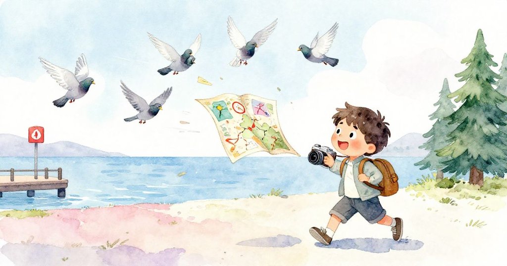 Leo驚呼試圖抓住被鴿群推落入水的地圖，水邊紅色告示牌隱約可見，情境充滿意外。