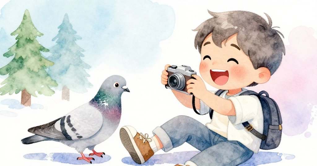 Leo大笑著，臉上滿是驚喜，一隻大膽的鴿子跳上鞋尖按下相機快門，捕捉眾鴿歡樂瞬間。