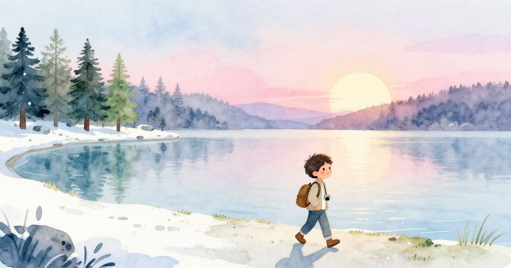 Leo擦去手中麵包屑，滿足地走在夕陽映照下的寧靜湖邊，回味著奇妙一天的溫馨冒險。