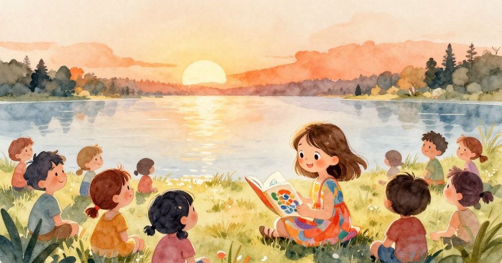艾瑪站在湖邊閱讀色彩鮮豔的海報，眾多小朋友圍繞在旁，表情興奮，陽光灑落展現溫馨故事開端。