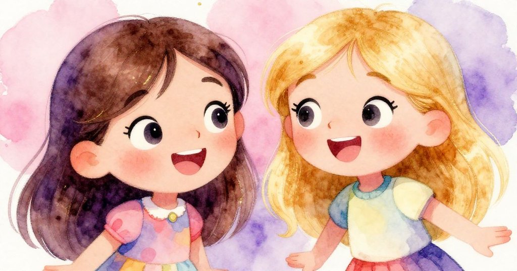 艾瑪與米婭面部特寫彼此對視微笑，展露興奮和期待，背景簡潔點綴柔和燈光，情感真摯流露。