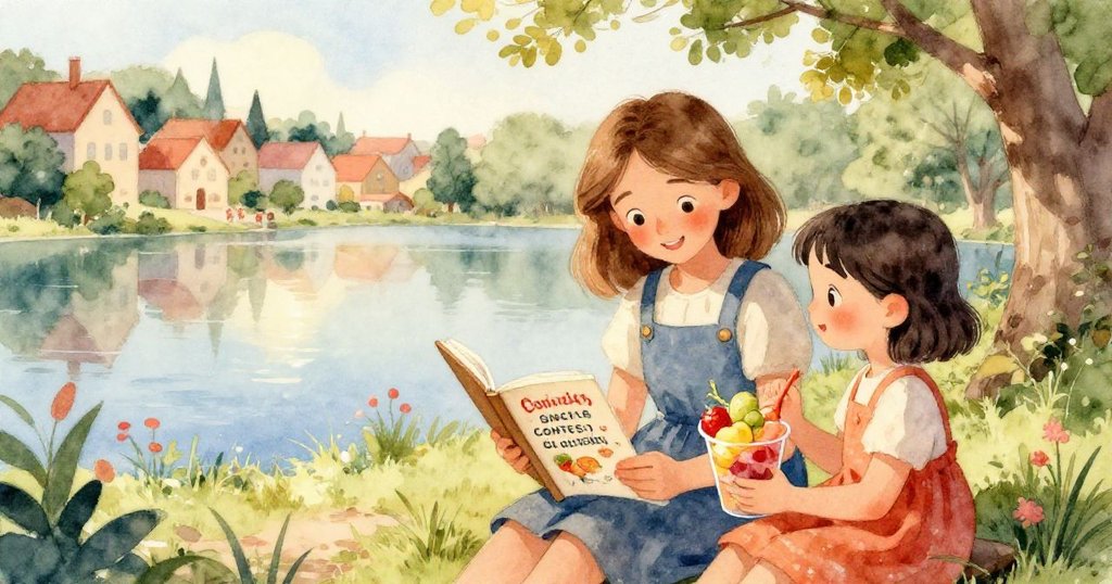 窗戶外望進溫馨廚房，艾瑪、米婭等孩子忙碌準備水果杯，燈光柔和，充滿期待氣氛。