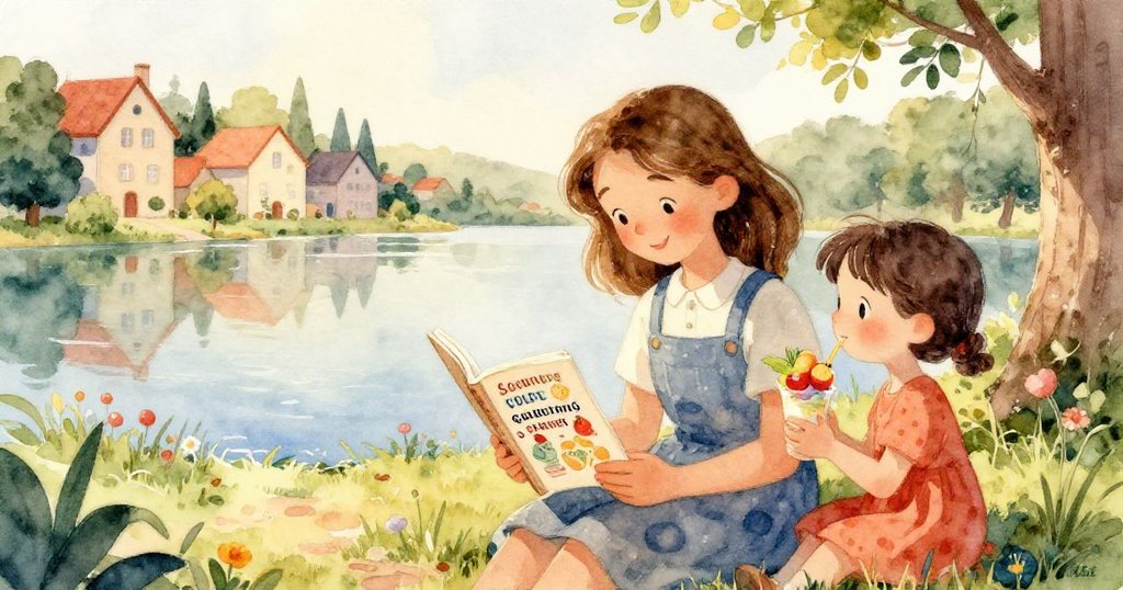 水果杯特寫中，黃香蕉和紅草莓在鮮奶油中若隱若現，艾瑪與米婭的雙手忙碌攪拌，細節豐富生動。